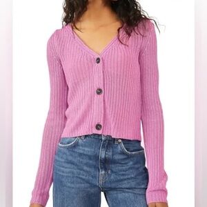 Free People Game On Cardi in Metallic Pink Ribbed
